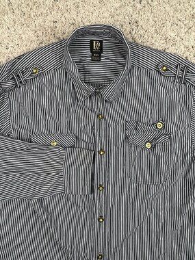 FAME Long Sleeve Button Up Shirt Sz 2XL Gray White Striped Men’s Cotton Gold